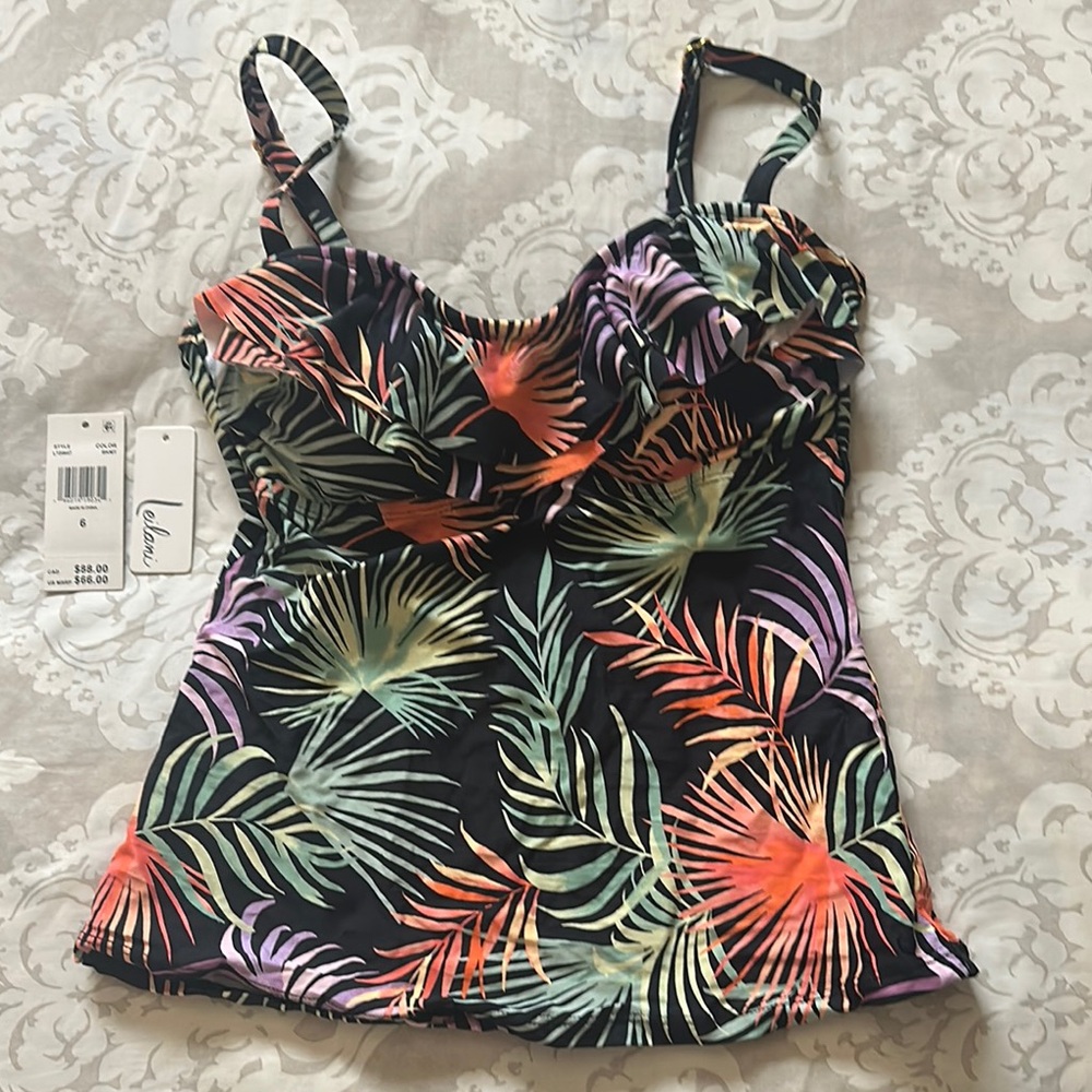 Leilani Black and multi colored Ruched Tankini Swim Tank Top